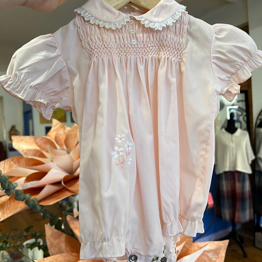 Pink Baby Romper with Floral Embroidery Details 1980s
